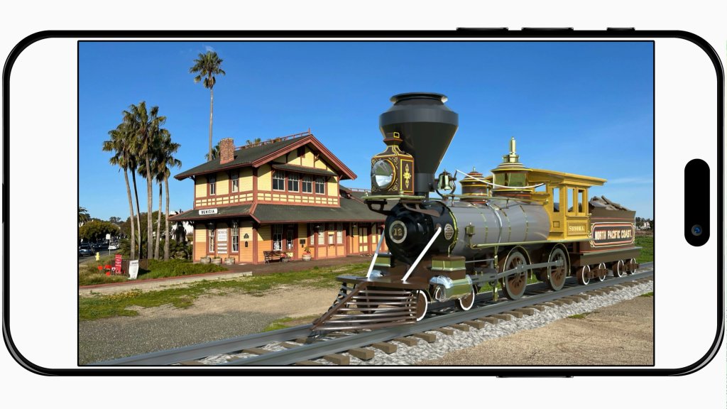 Smarphone screen showing 1876 Sonoma locomotive in front of modern-day Benicia train depot.